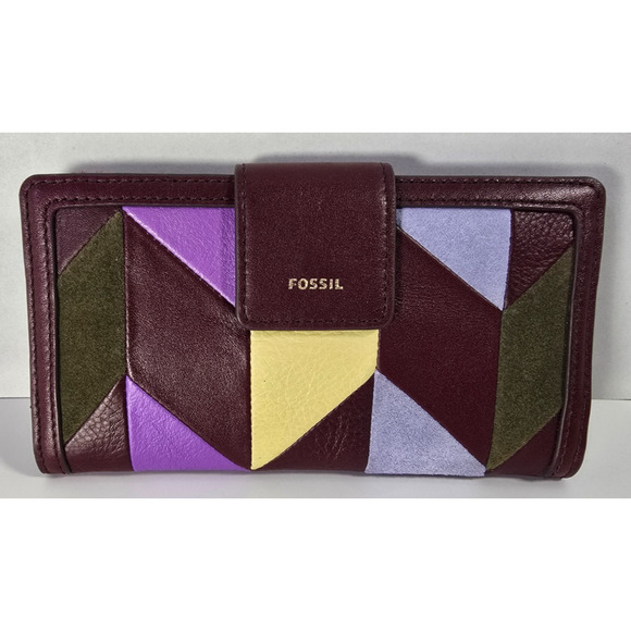 Fossil Herringbone Leather Snap Closure Zippered Pocket Logan RFID Tab Wallet - Picture 1 of 3